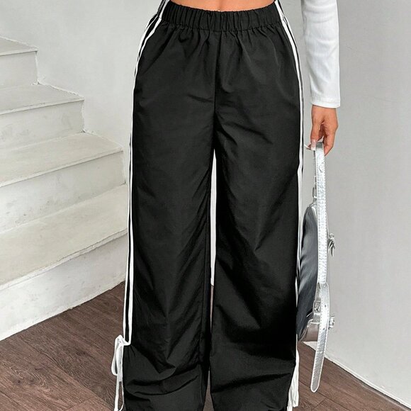 Black Casual Women's Side Contrast Tape Elastic Waist Wide legged Pants - Picture 3 of 6